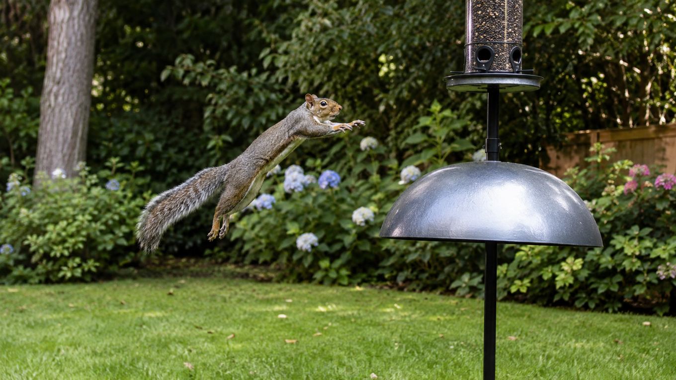 A squirrel mid-leap toward a feeder blocked by a dome baffle
