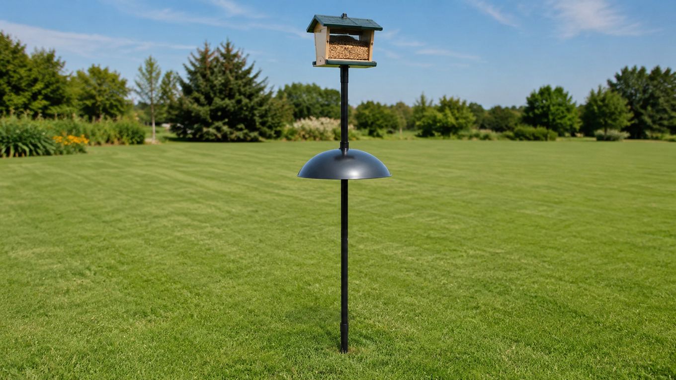 A complete squirrel-proofed feeder station with pole, baffle, and hopper feeder