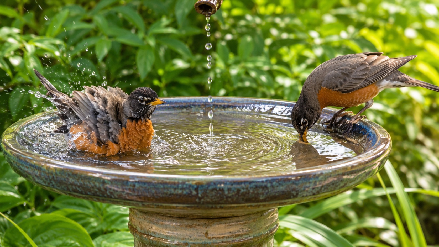 Two American Robins bathing in a shallow ceramic birdbath in a summer garden