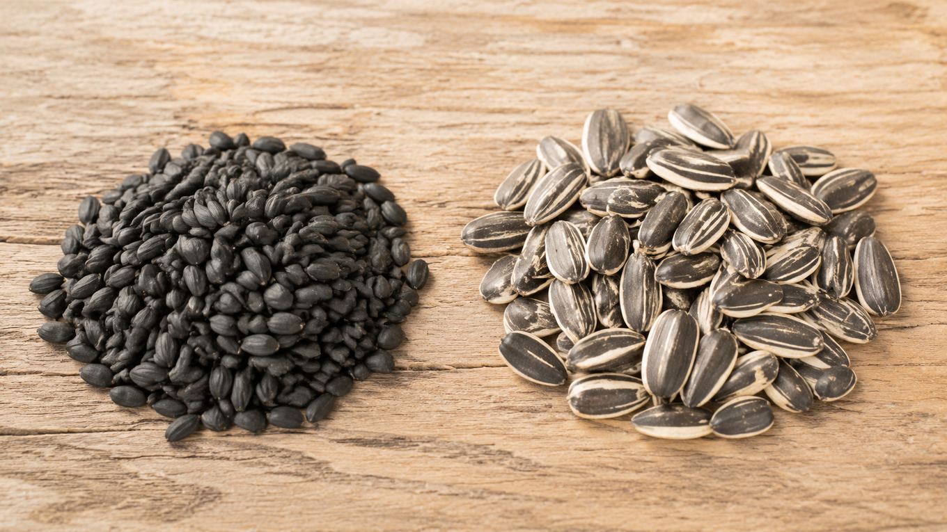A pile of black oil sunflower seed next to a pile of striped sunflower seed