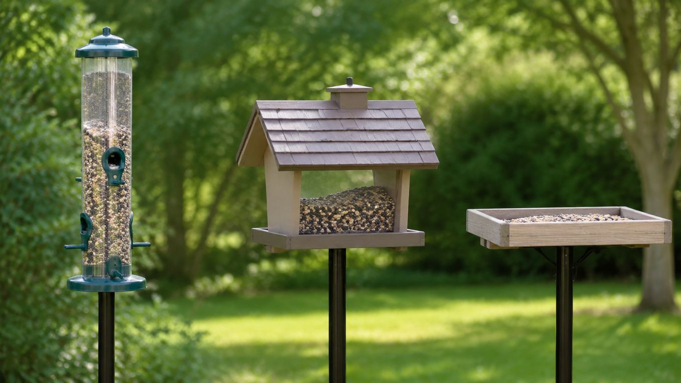 A tube feeder, hopper feeder, and platform feeder side by side in a yard