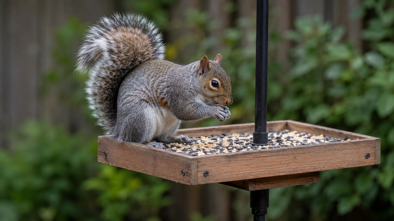 A squirrel on a platform bird feeder