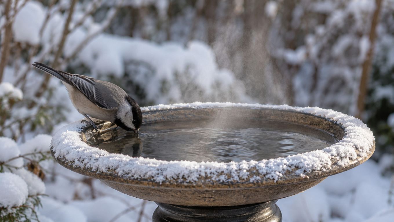 A heated bird bath with a small bird drinking in winter
